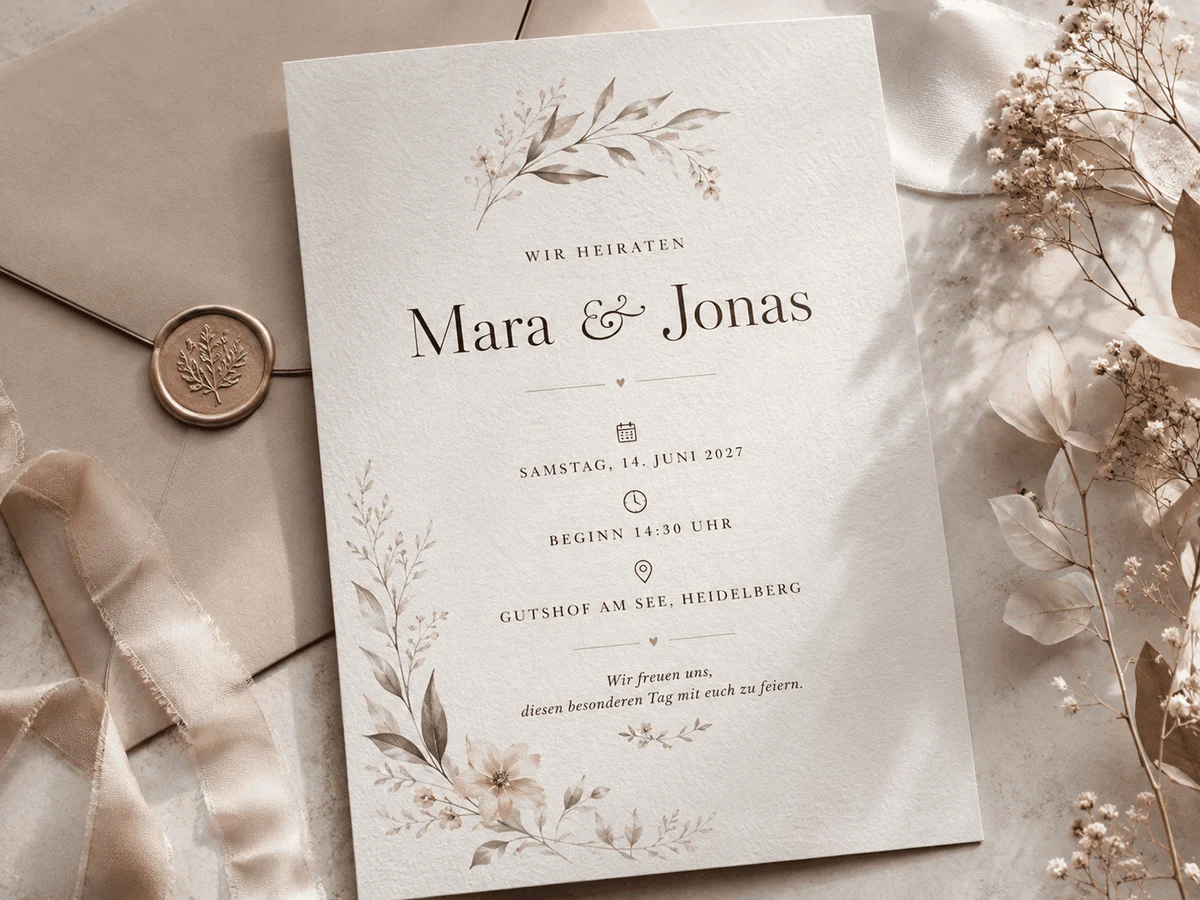 Fotografierte Hochzeitseinladung von Mara & Jonas